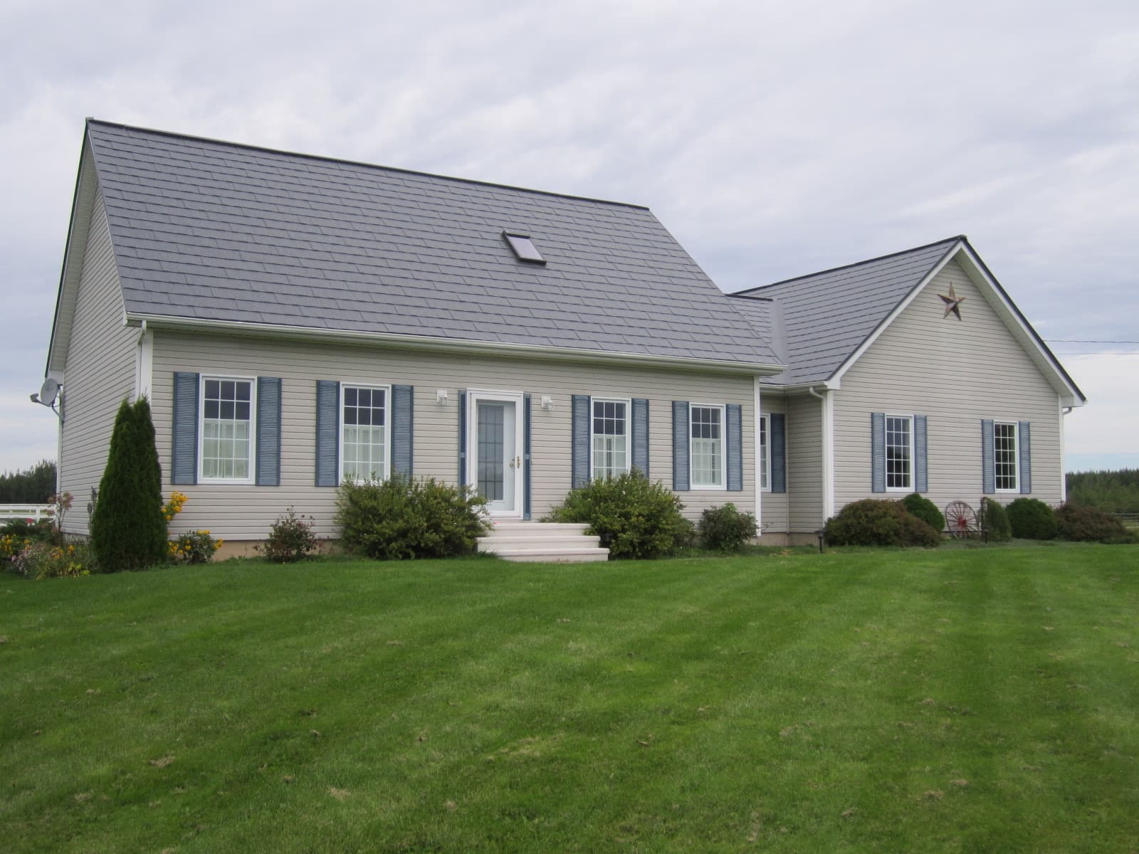 Cape Cod with metal roof and rural backdrop