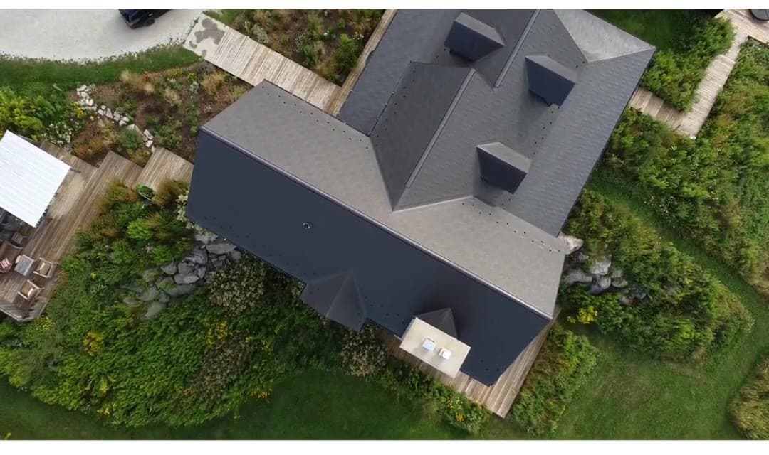 Rotated overhead of the Mansfield Wakefield Bridge roof and chimney
