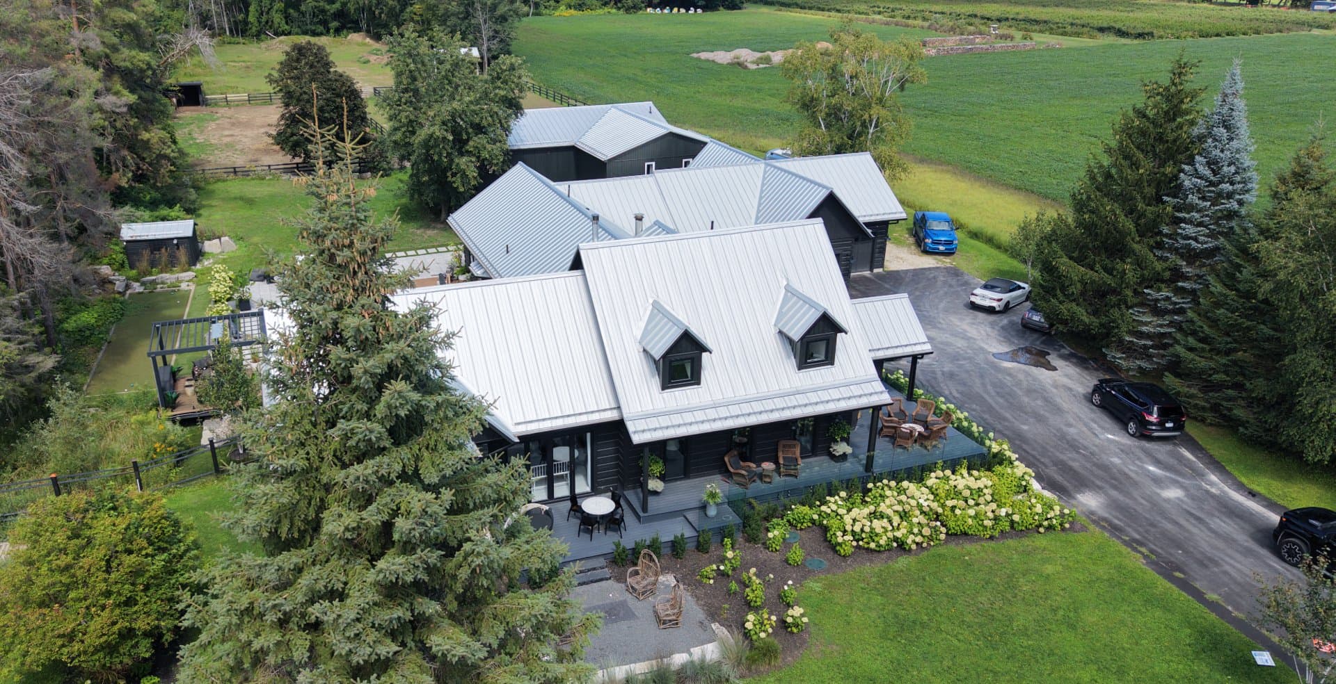 Heritage Series standing seam roof in Stayner, Clearview Township, seen from a distance across the property