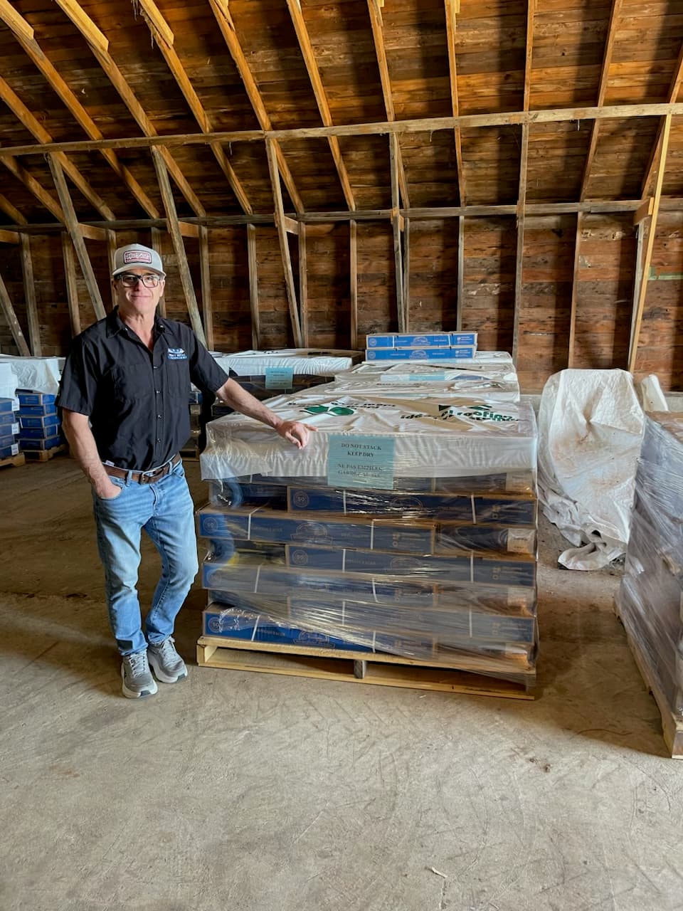 Metal roofing panels and trim batched and labelled by job at Select Metal Roofing — every Simcoe County install pre-staged before the crew arrives.